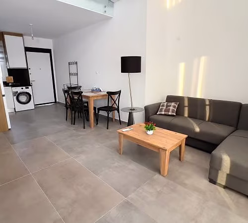 Cozy and modern open-plan living space with a gray sectional sofa, wooden coffee table, and a dining area. Features a compact kitchen with appliances and natural light streaming in through large windows.