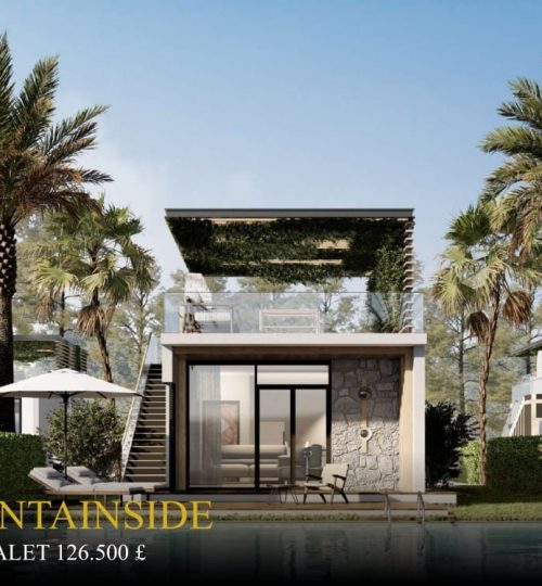 Luxurious mountainside chalet surrounded by lush greenery and palm trees.