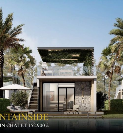 Luxurious mountainside chalet surrounded by lush greenery and palm trees. Features a modern stone facade, rooftop terrace with greenery, and a private outdoor seating area by the pool.