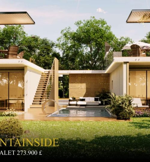 Elegant twin chalet with a shared rooftop terrace and private outdoor seating areas. Surrounded by lush greenery, it features a modern design, floor-to-ceiling windows, and a pool for relaxation.
