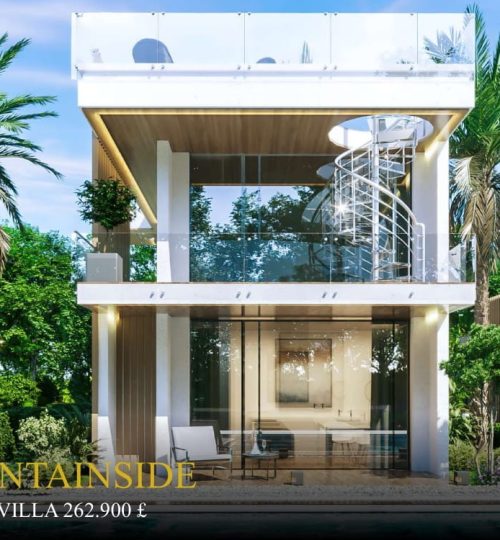 Luxury duplex villa nestled in lush greenery, featuring a sleek modern design with large glass windows, a spiral staircase, and a rooftop terrace. Perfect for tranquil mountainside living.